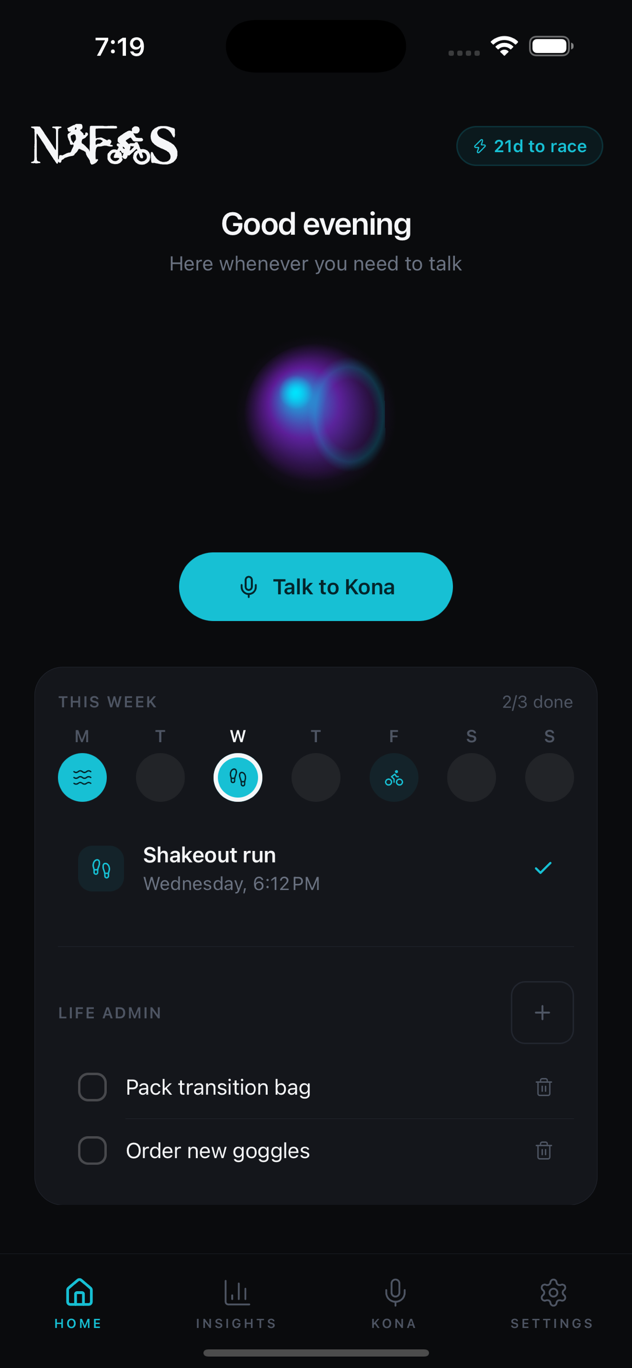 The NAFAS home screen, showing Kona's presence orb and the week's training